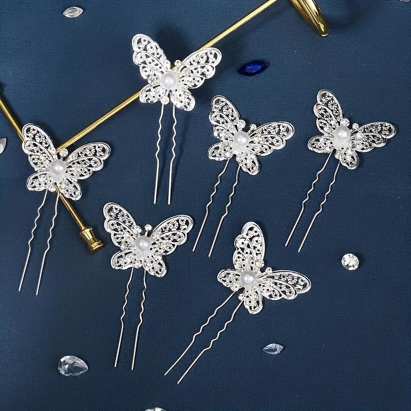 Vintage-Style Metal Hollow Butterfly Hairpins, Silvery Hair Clips with Butterfly Faux Pearls and Rhinestones for Brides