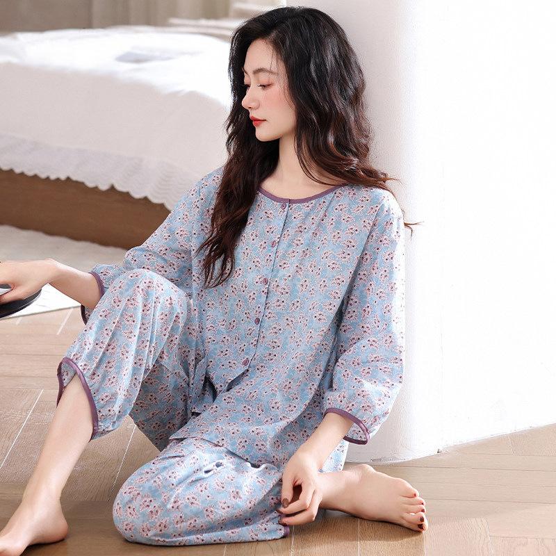 Woven Cotton Gauze Pajamas Women's Spring Cotton Seven-quarter Sleeves 1011 New Summer Cotton Mother Loungewear