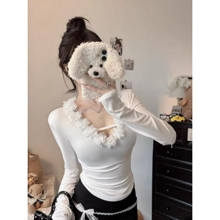 Threaded Plush White Puff Sleeve Lace V-Neck Long-Sleeve Slim-Fit Women s T-Shirt for Autumn/Winter Extra Large белый