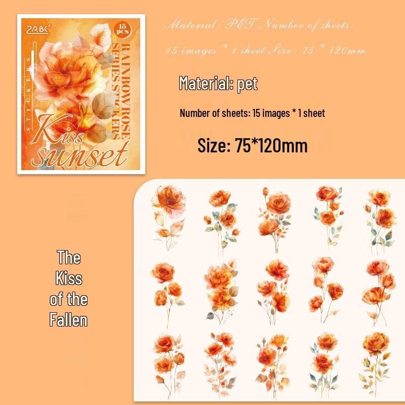 Yuezhen Rainbow Rose Large Journal Waterproof Vintage Floral PET Sticker Pack