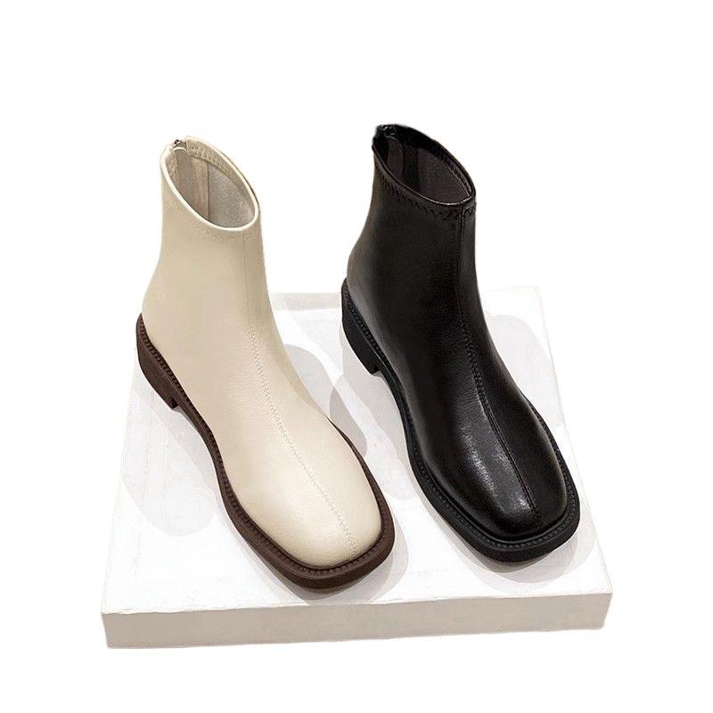 One kick of the Korean heroine, new back zipper flat skinny boots, boots, women's French off-white ankle boots, women
