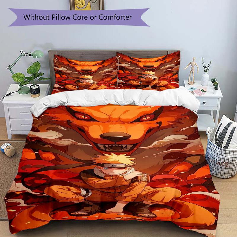 3pcs Naruto Nine Tailed Fox Bedding Set, Including 1 Quilt Cover and 2 Pillow Shams, Without Filling, Soft and Comfortable Home Bedroom Fabr