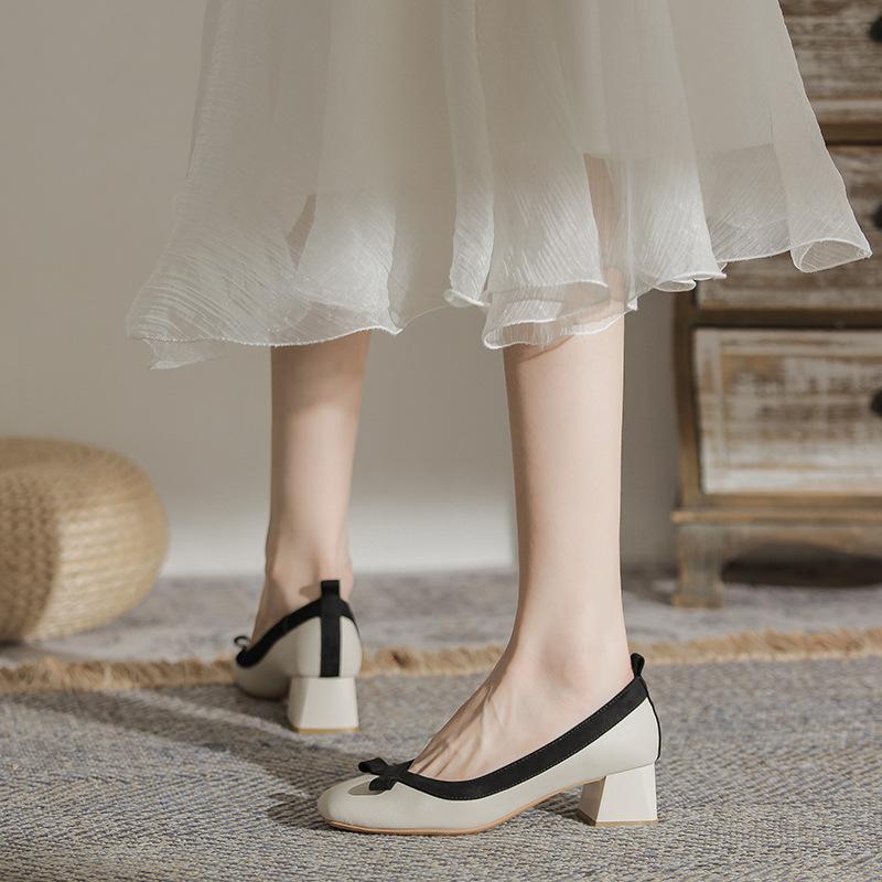 Bow medium heel single shoes women's light mouth color matching professional shoes commuter women's shoes