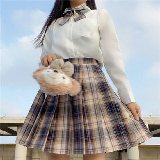 Japanese JK Sailor Suit: Teen Spring/Summer Full Set with Embroidered Shirt & Pleated Grid Skirt