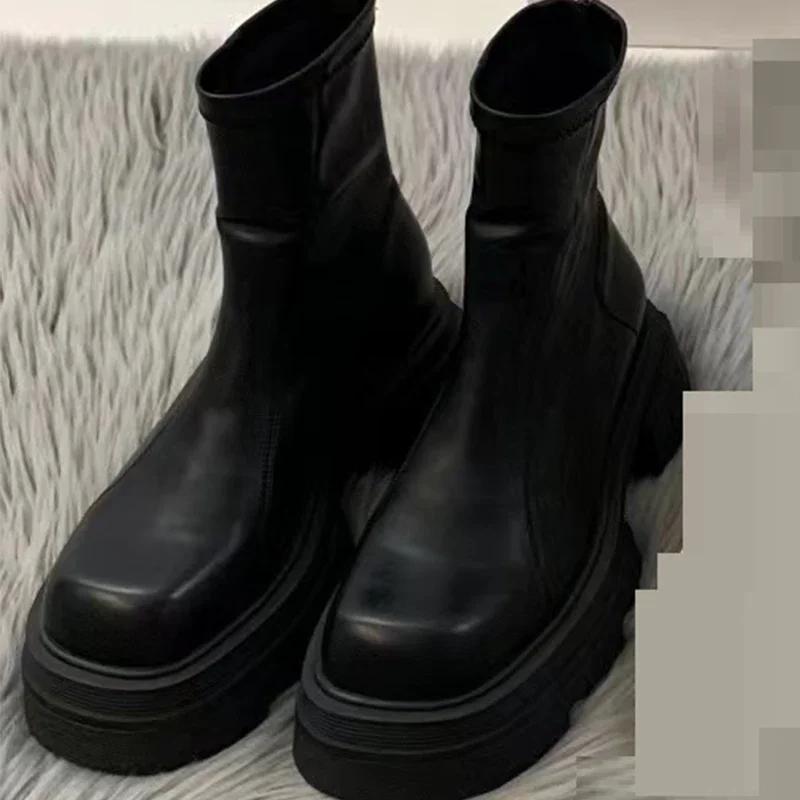 Mode Knöchelhohe Mittelhohe Absätze Chelsea Boots Winter Neue Mode Plateau Damen Reißverschluss Schuhe Goth Lässige Motorradstiefel Damen Dicke Schuhe