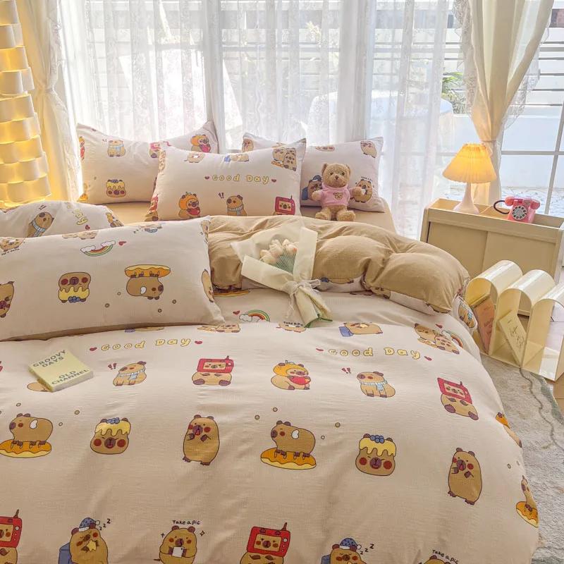 Povlečení Capybara Queen Size 4ks pro milovníky Kapybary Kluci Dívky Dárky Kreslený povlak na přikrývku Oboustranný povlak na přikrývku na kávu