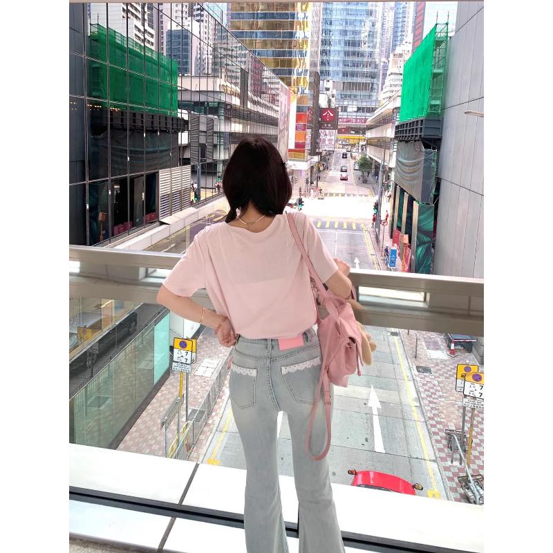 Dámské rozšiřující se džíny Světlý odstín Krajkový detail kapsy Vysoký pas Džínové kalhoty