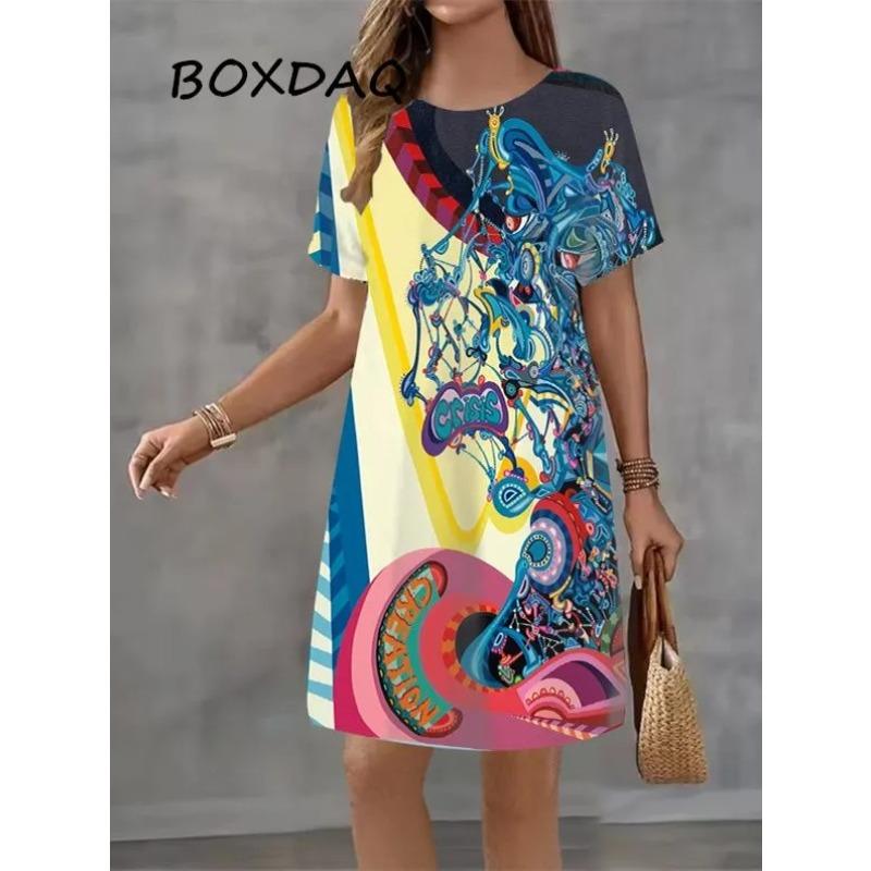 Sommerkleid für Damen, mehrfarbig, 3D-Druck, kurzärmelig