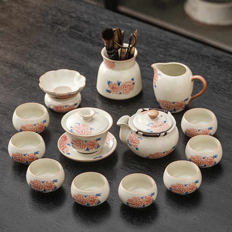 High-grade Beige Ru Kiln Hibiscus Ceramic Tea Set – Includes Teapot, Teacups, and Teaplate for Kung Fu Tea Ceremony, Suitable for Home and Office.