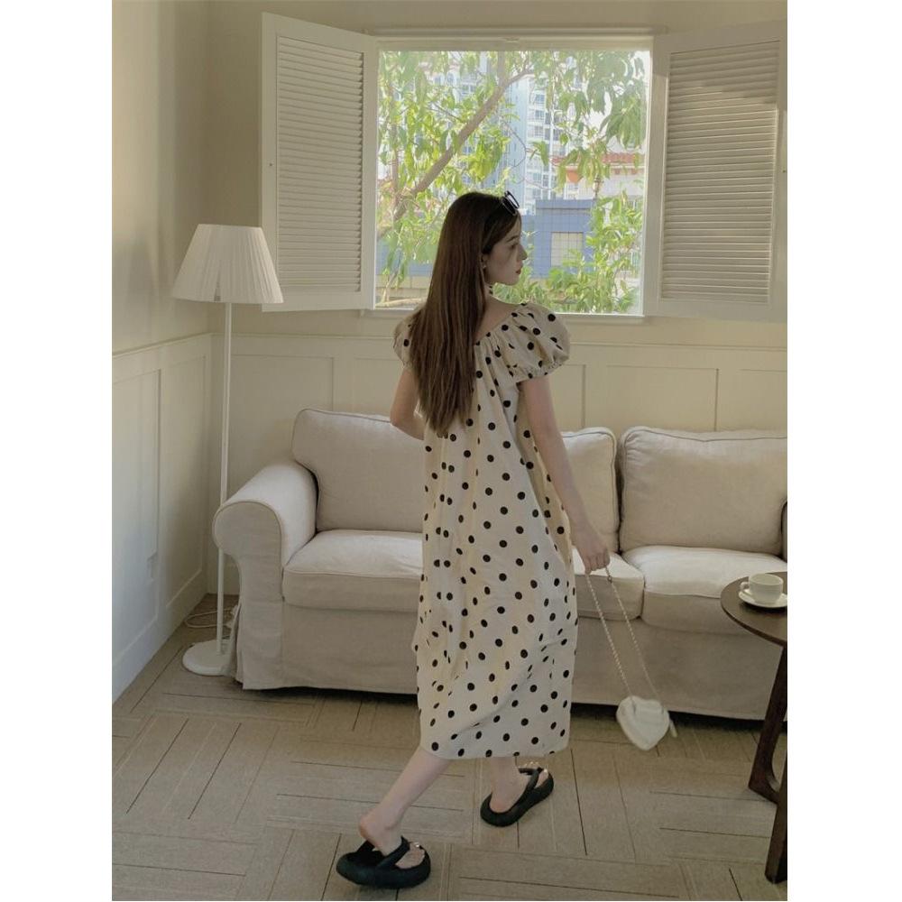 Sweet age-reducing contrasting color polka dot bubble sleeve dress women's summer new lace-up thin sweet medium and long dress