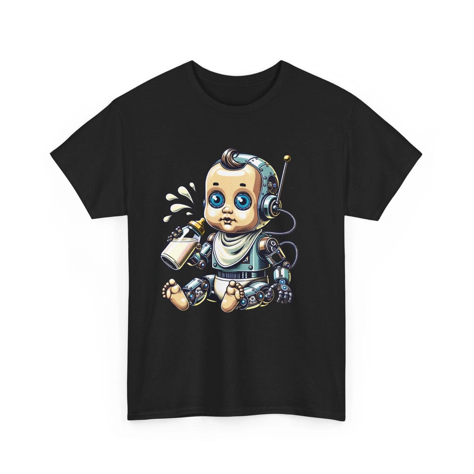 Unisex Adult T Shirt Funny Sci Fi Robot Baby Pop Art Drinking Milk Cyborg Humor S