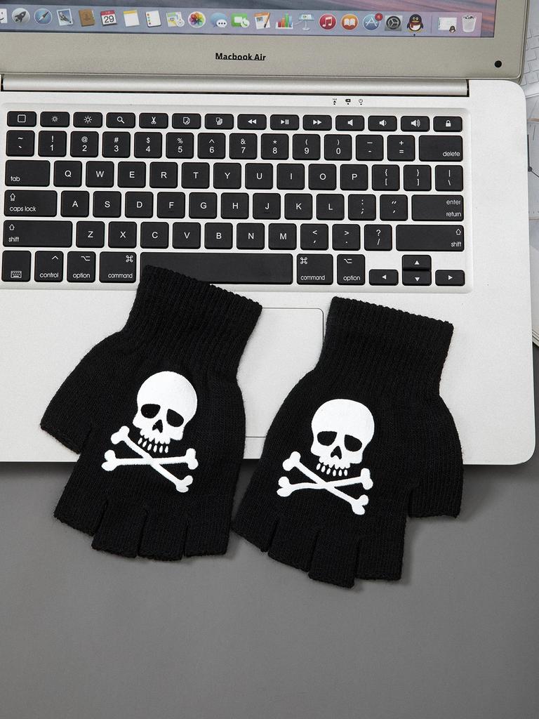 1 pair New Kids Halloween Skeleton Skull Half Finger Luminous Punk Gloves Winter Skull Fingerless Black Mitten
