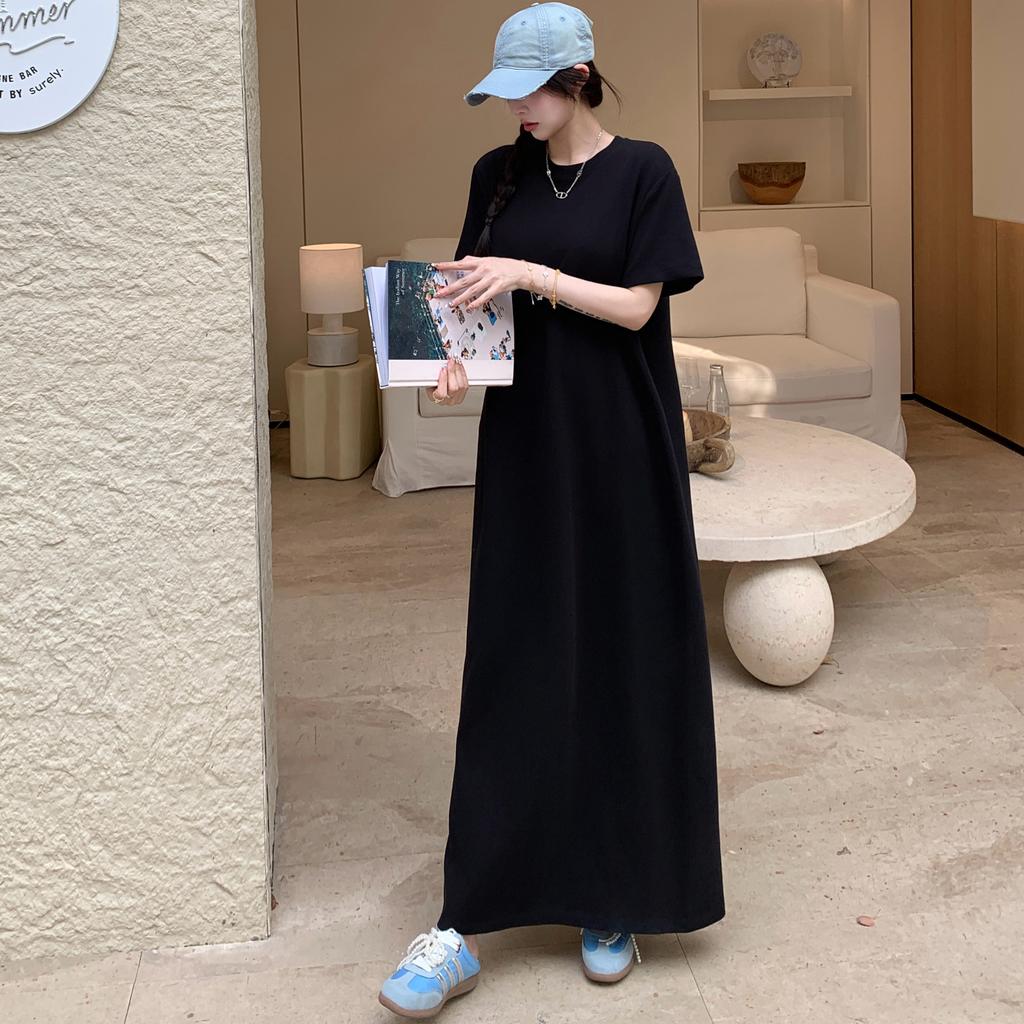 DIMANAF 2025 Sommer Übergröße Kleid Damen Lässiges Vintage Kleid Schlitz Schwarz Basic Lang Lockeres Kleid