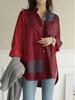 2024 Women's Fashion Loose Casual Plaid Patchwork Long-Sleeve Irregular Shirt for Autumn and Winter