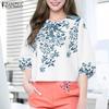 ZANZEA Women Casual Round Neck 3/4 Sleeve Loose Print Blouse