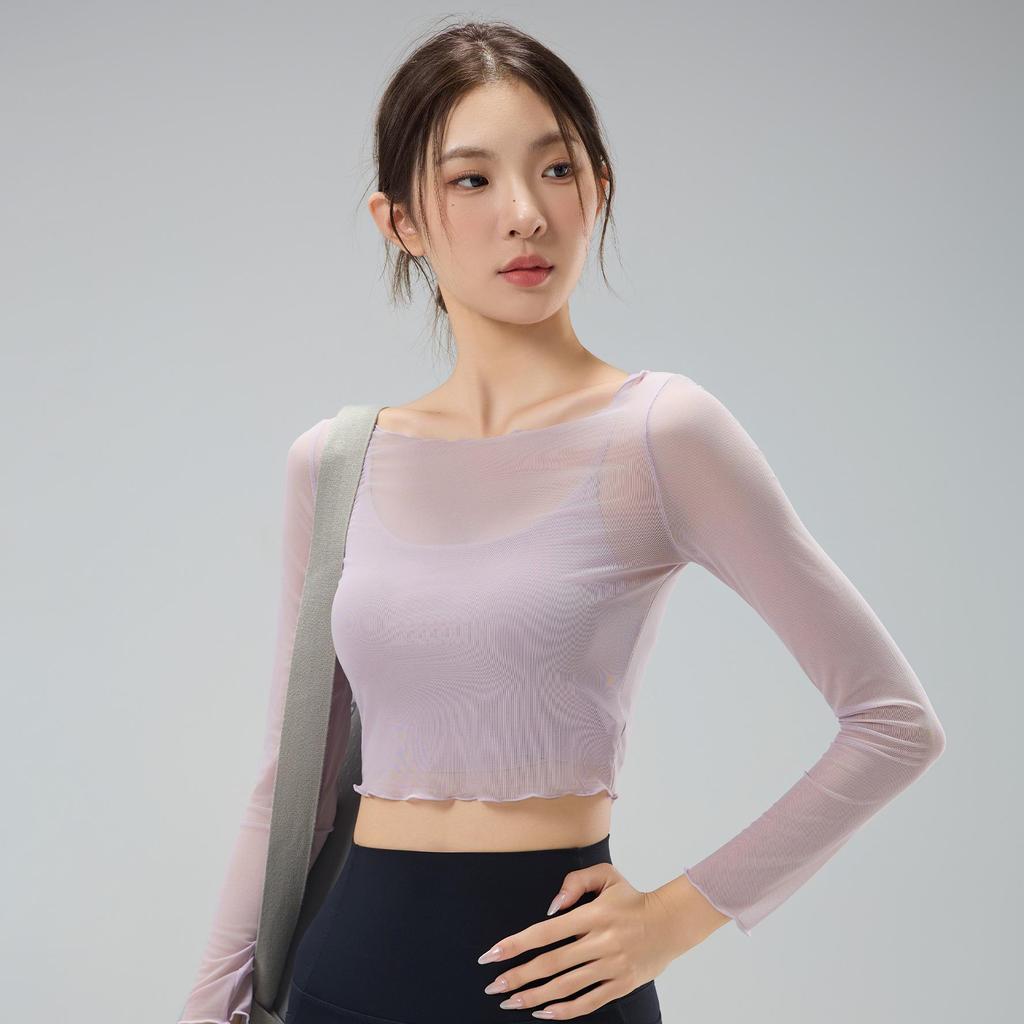 Women's Mesh Yoga Top with Built-In Bra, Two-Piece Look, Beautiful Back Design, Perfect for Pilates, Yoga, and Fitness