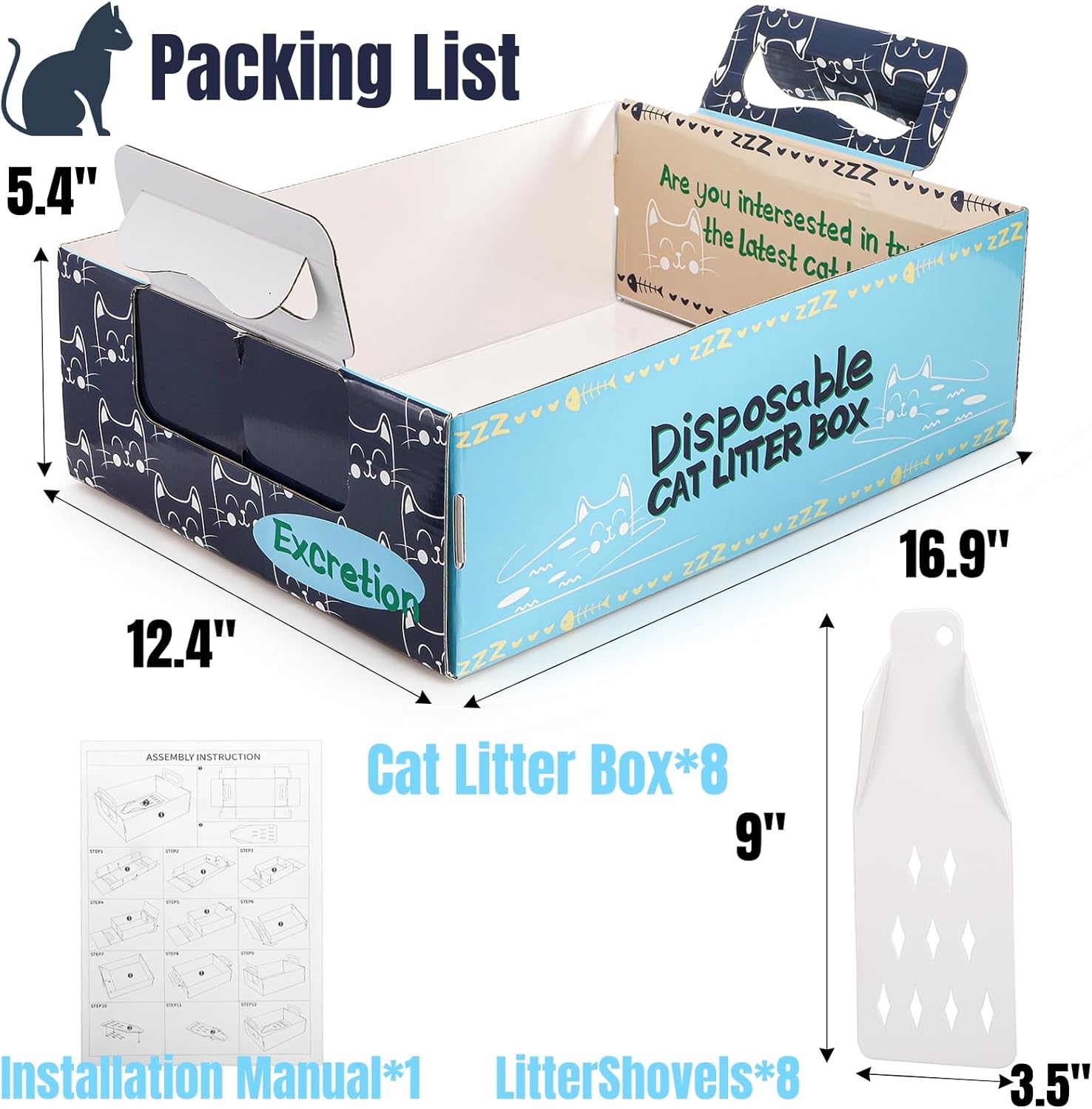 

Набор из 8 одноразовых кошачьих лотков с лопатками, складной и герметичный, переносной дорожный лоток, синий, 16,9 x 12,4 x 5,4 United States