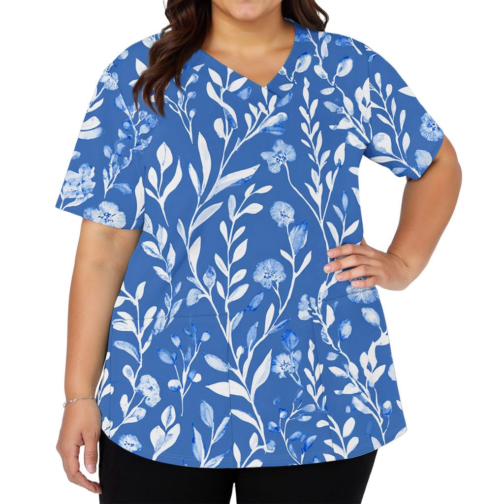 Modisches Damen-Arbeitsoberteil mit V-Ausschnitt und kurzen Ärmeln, mit doppelseitigen Schlitzen und Taschen, mit einem Retro-Blumendruck.