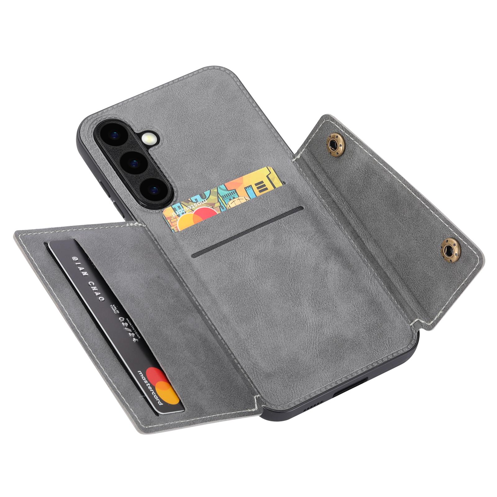 

For Samsung Galaxy S25 Case Card Slots Kickstand Leather+TPU Phone Cover Grey