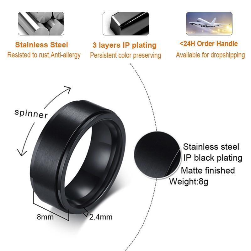 Vnox Personalized Stainless Steel Black Spinner Class Rings for Men 8mm Engraved Wedding Rings Jewelry Simple Customize Gift
