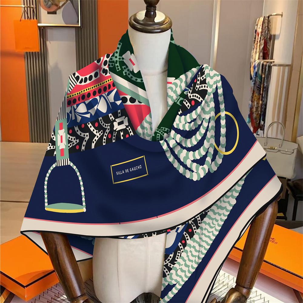POBING Silk Cashmere Scarf Women Hand Rolled Shawls Saddle Print Square Scarves Wraps Lady Bandana Big Hijabs Female Foulards