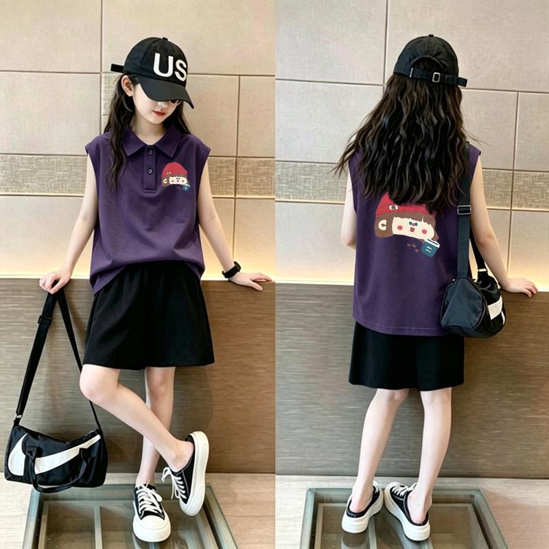 Girls' Korean Style Cotton Polo Collar Vest - Summer New Arrivals, Medium & Large Sizes, Casual Sleeveless Lapel T-shirt