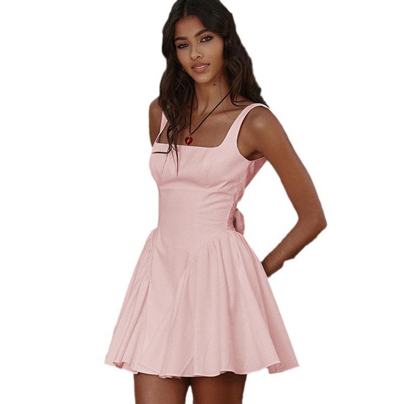 Vară Sexy Femei Suspendor Fără spate Rochie Sexy Curea Papion Fără mâneci Largă Croială Slim Plisată A-line Rochii Scurte de Petrecere Culoare Solidă Casual Simplă