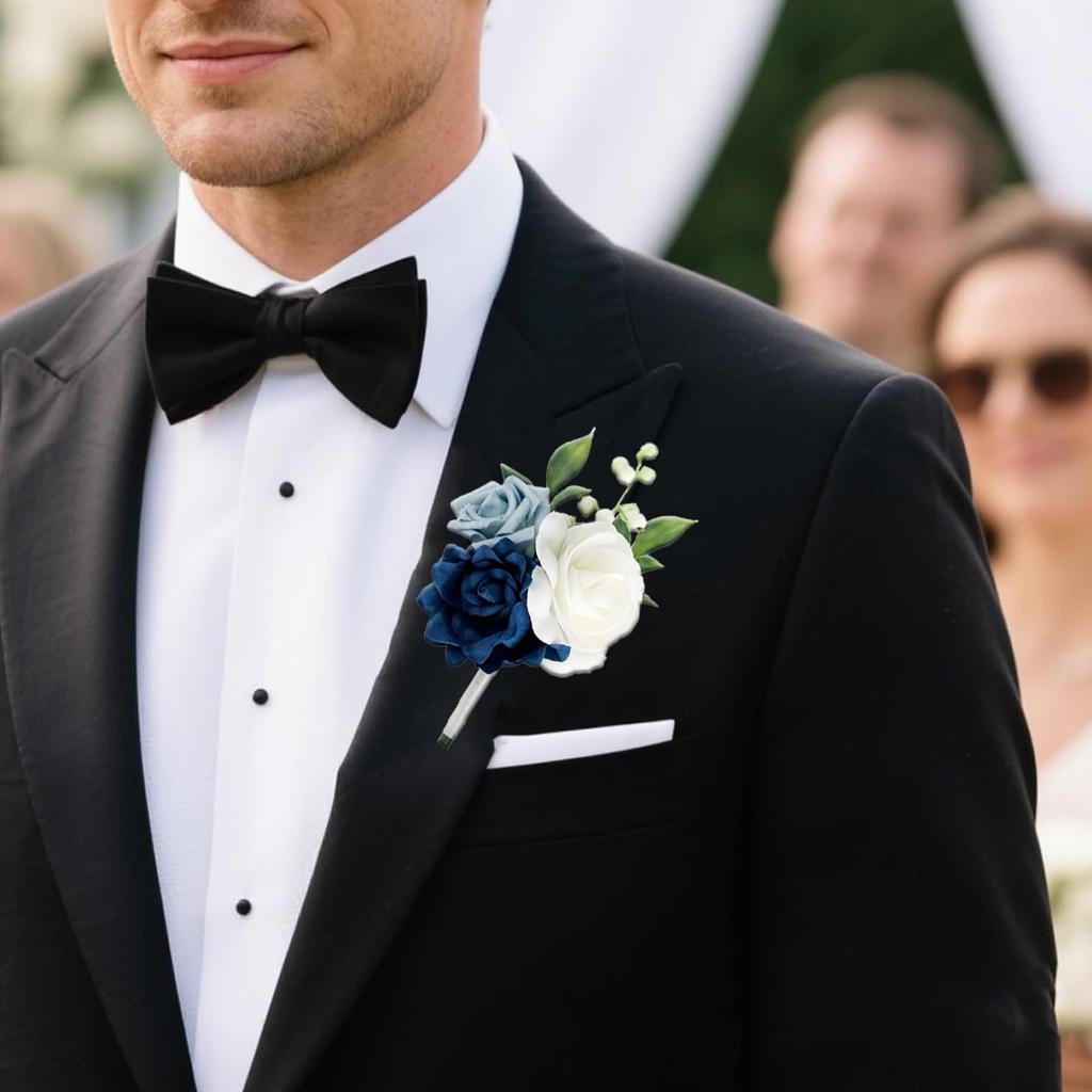 4PCS Navy Blue Rose Boutonniere for Wedding, Artificial Flowers Groom Groomsman for Wedding Anniversary Celebration, Prom, Party, Home Decoration