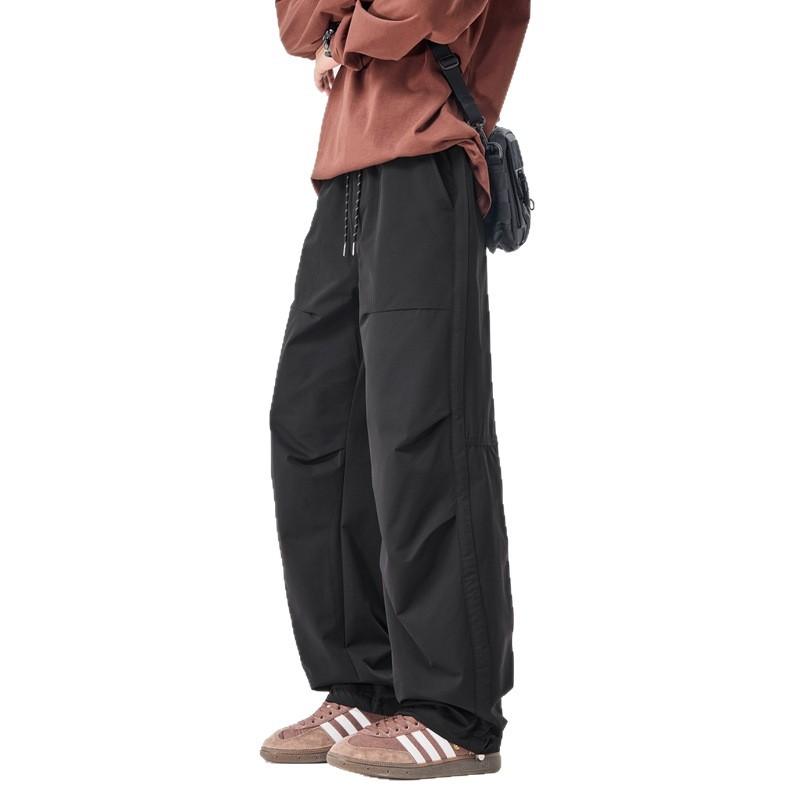 American fashion trendy brand elastic waist paratrooper pants boys solid color versatile loose wide leg drape casual straight-leg pants