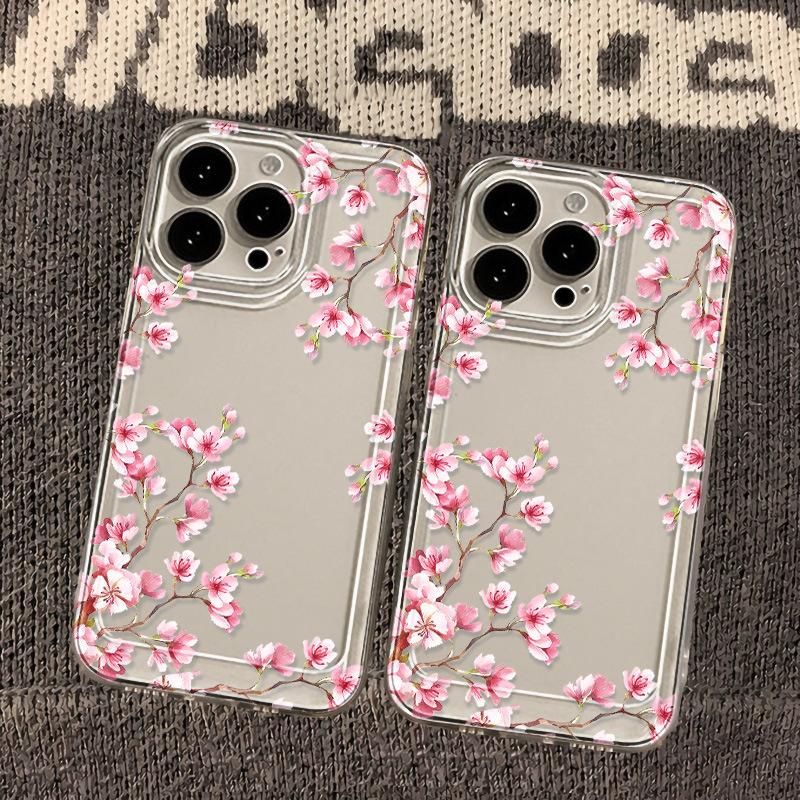 Cherry Blossoms Flowers Transparent Phone Case For iPhone 16 15 14 13 12 11 Pro Max X XR XS Max 7 8 Plus SE 2020 Shockproof Silicone TPU Phone Cover