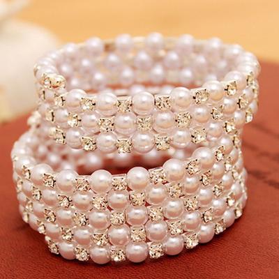 Crystal Rhinestone Wide Charm Winding Beaded Pearl Bracelets Bangles Multilayer
