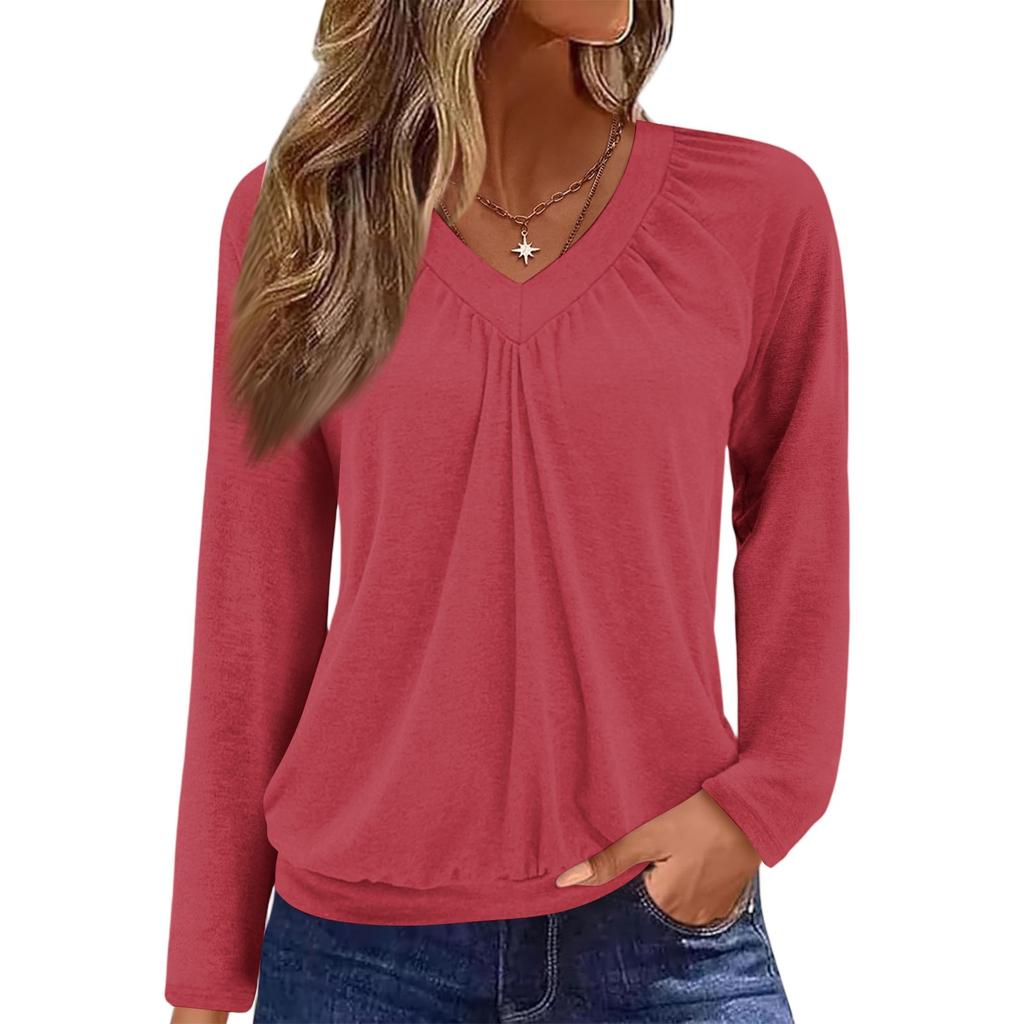 Women's Casual Fashion V-Neck Raglan Pleated Color Long Sleeve Top