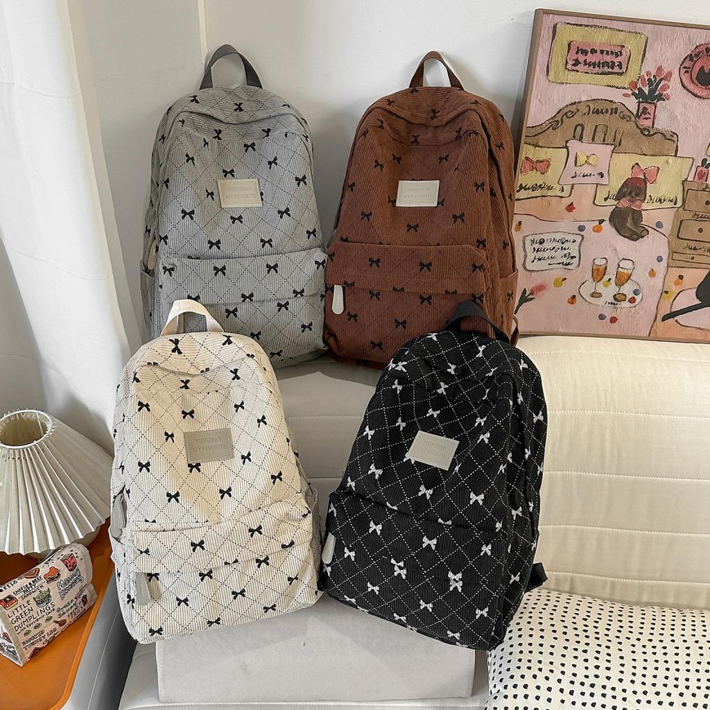 Schoolbag New Corduroy Bow School Bag Female College Student Versatile Backpack Niche Junior High School Student Korean Version Backpack