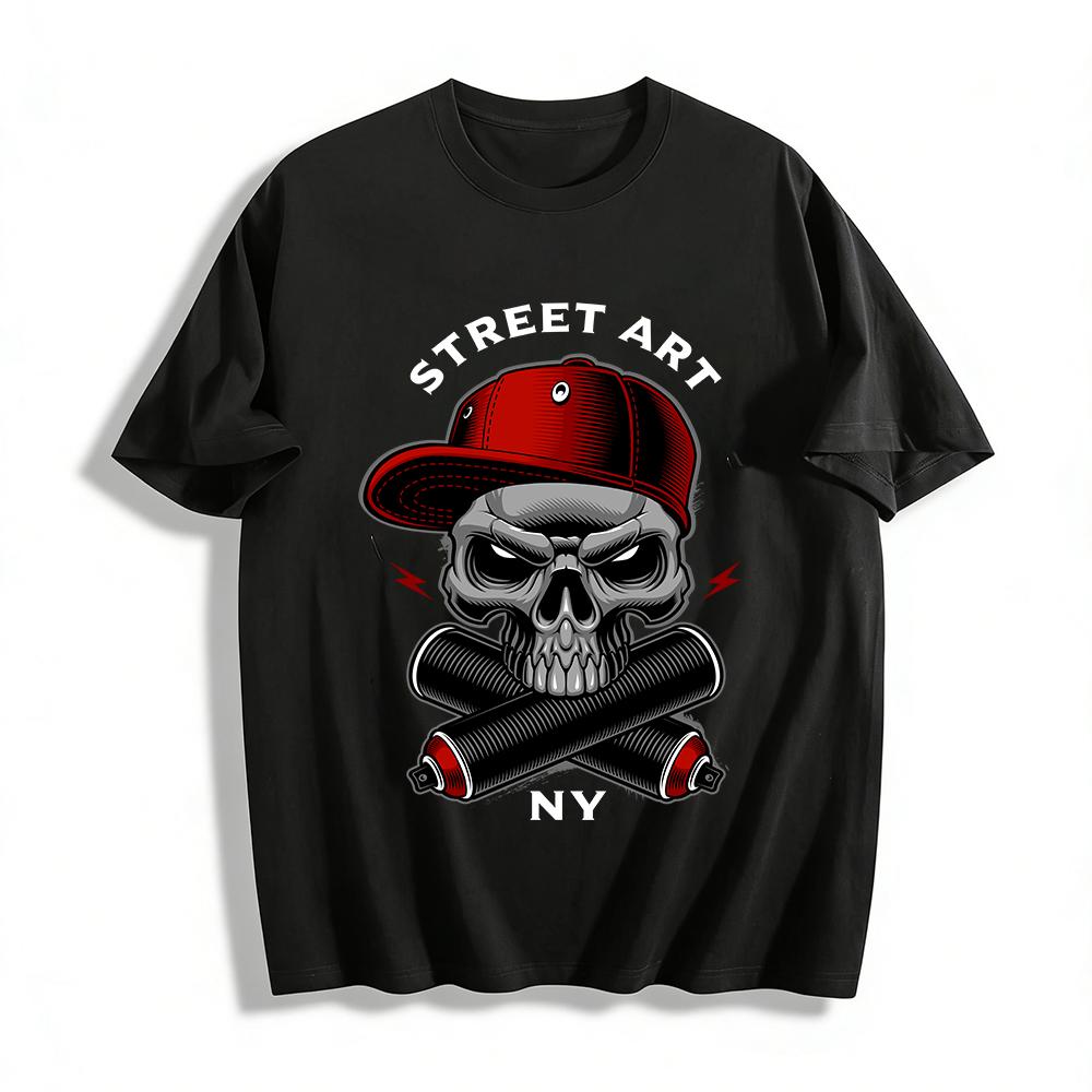 

Street Style Skull Spray Can Print Casual Short Sleeve T-Shirt Pure cotton T-shirt 6XL