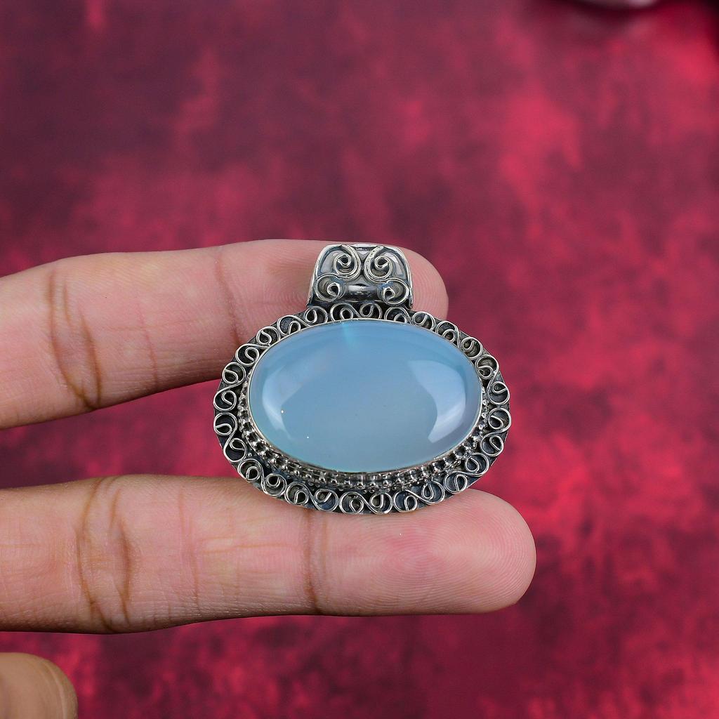 Blue Chalcedony Pendant, 925 Sterling Silver Pendant Jewelry, Handmade Pendant Gemstone Amazing Jewelry For Thanksgiving