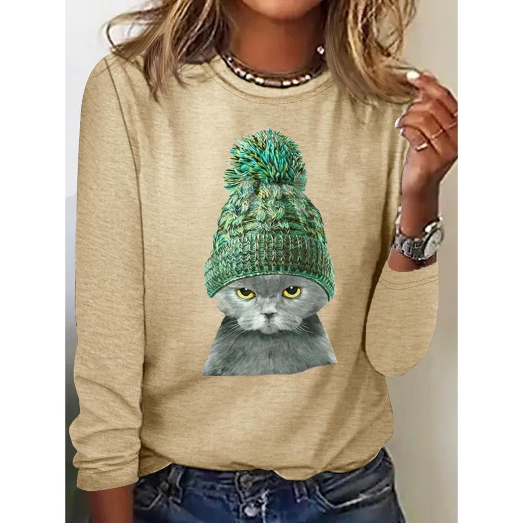 Rundhals 3D-bedrucktes Katzenmuster Top Modische Lässige Langarm Damen T-Shirts