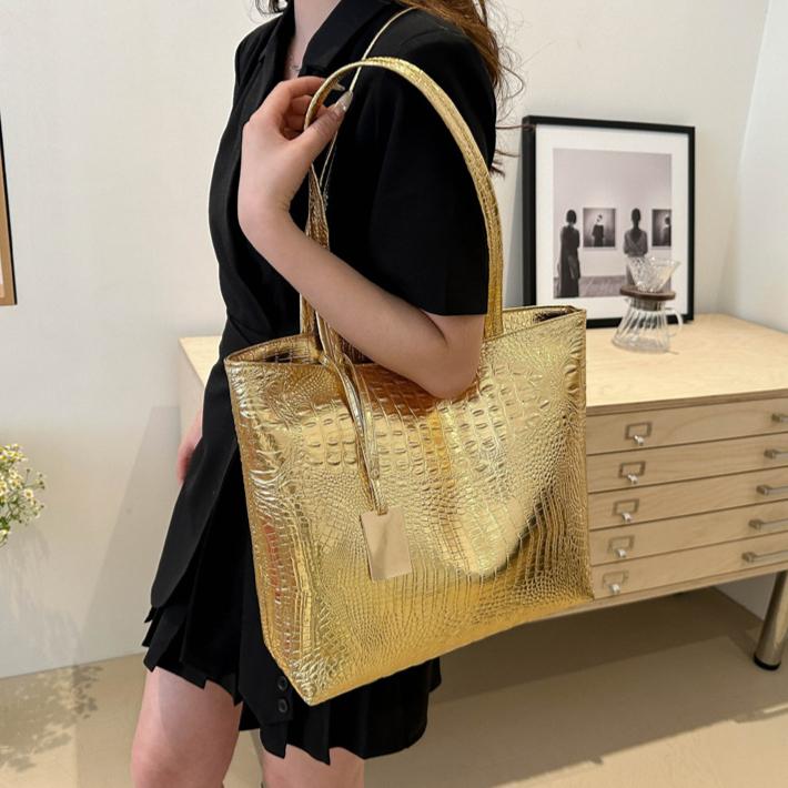 

Большая вместительная сумка на одно плечо из искусственной кожи с крокодиловым узором - модная европейская и американская женская сумка-тоут золотой