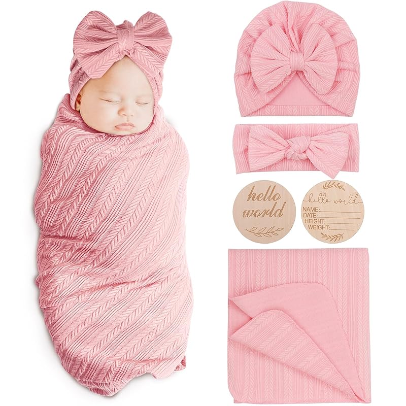 Newborn Receiving Blanket with Bow Hat Mittens Wooden Card Set Wheat-Pattern Newborns Toddler Baby Boy Girl Nursery Swaddle Wrap