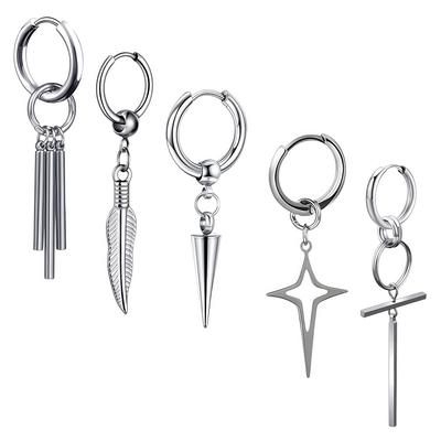1Pair Cross Star Stainless Steel Black Dangle Pendant Punk Hanging Drop Earring for Man Leaf Feather Piercing Ear Y2K Jewelry