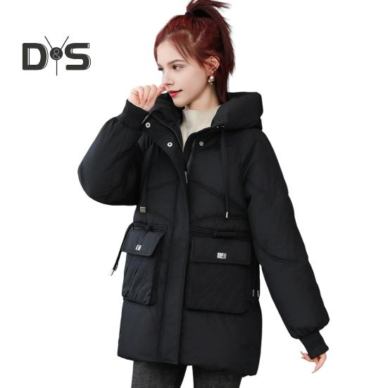 Winter Down Coat Thickened Padded Hooded Pockets Zipper Closure Drawstring Mid Length Windproof Heat Retention Daily Cold Weather Outwear Cotton
