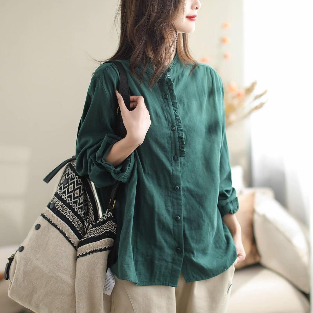 Women's Retro Cotton Linen Slimming Long Sleeve Shirt - Solid Color, Loose Fit for Spring & Autumn.