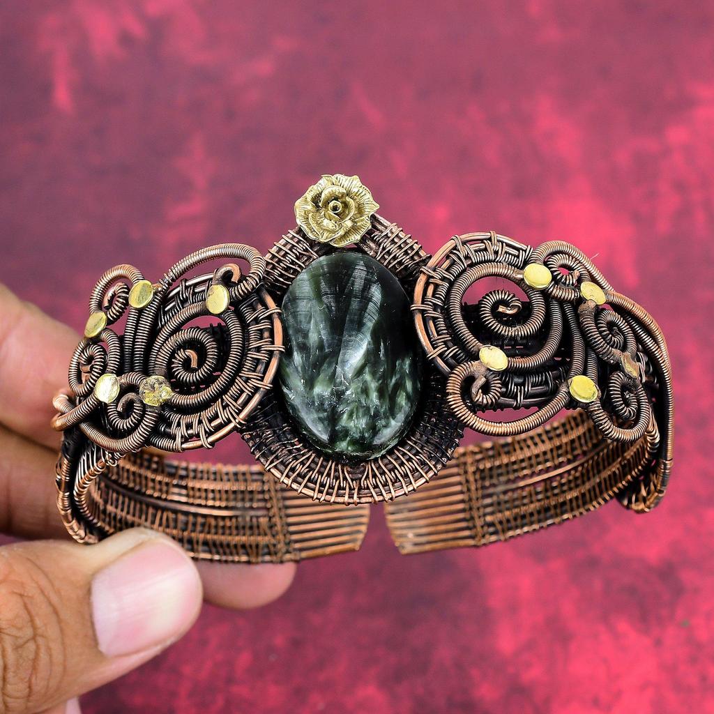Seraphinite Gemstone Bangle Copper Wire Wrapped Cuff Bracelet Handmade Adjustable Bangle Wire Wrapped Jewelry Gifts for Mother Flower Bangle