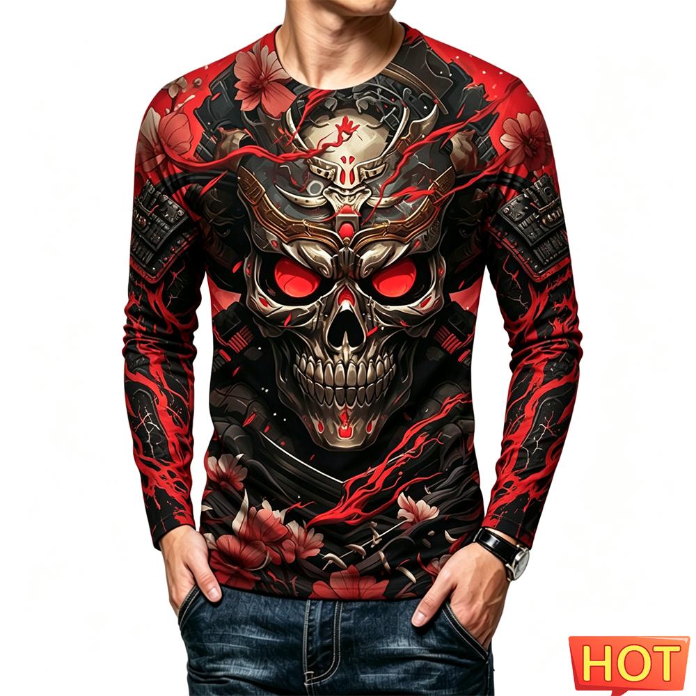 Funny 3D Skull Print Men's Long Sleeve T-shirt Autumn Comfortable Versatile Tees Casual O-neck Loose Pullover Street Y2k Clothes