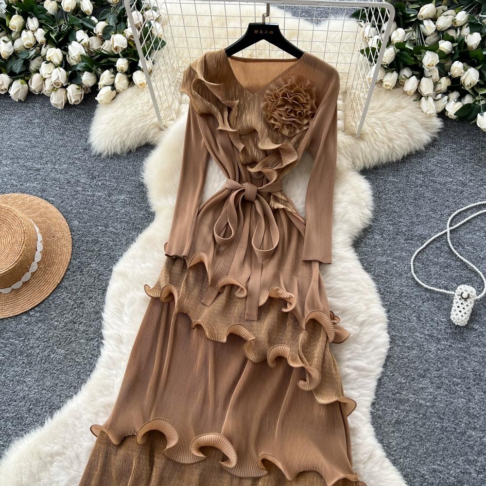 Autumn Winter Women Elegant 3D Flower Ruffles Miyake Fold Christmas Party Oversized Loose Lace-up Dresses