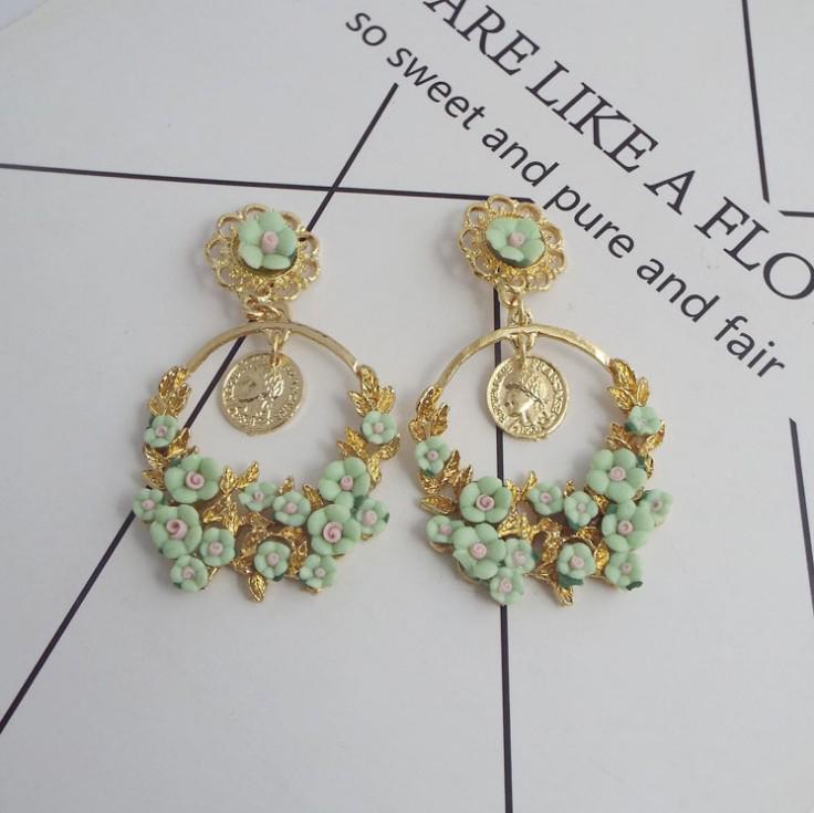Retro Pastoral Large Hoop Earrings with Ceramic Flowers for Women