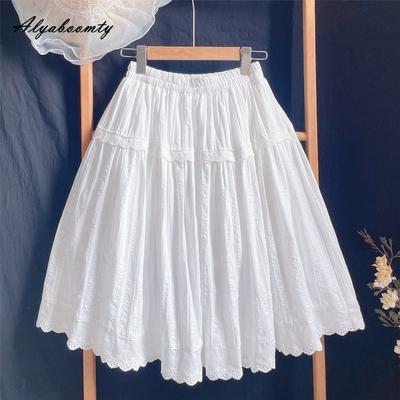 Japanese Mori Girl Summer Women Cotton Skirt High Waist Embroidery Hollow Out Sweet Skirt Elegant Feminine Ladies' Basic Skirts Womens