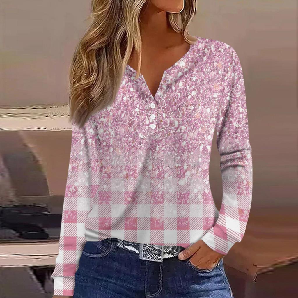 Women's T Shirt Tee Button Long Sleeve Daily Weekend Fashion Basic V- Neck Regular Top