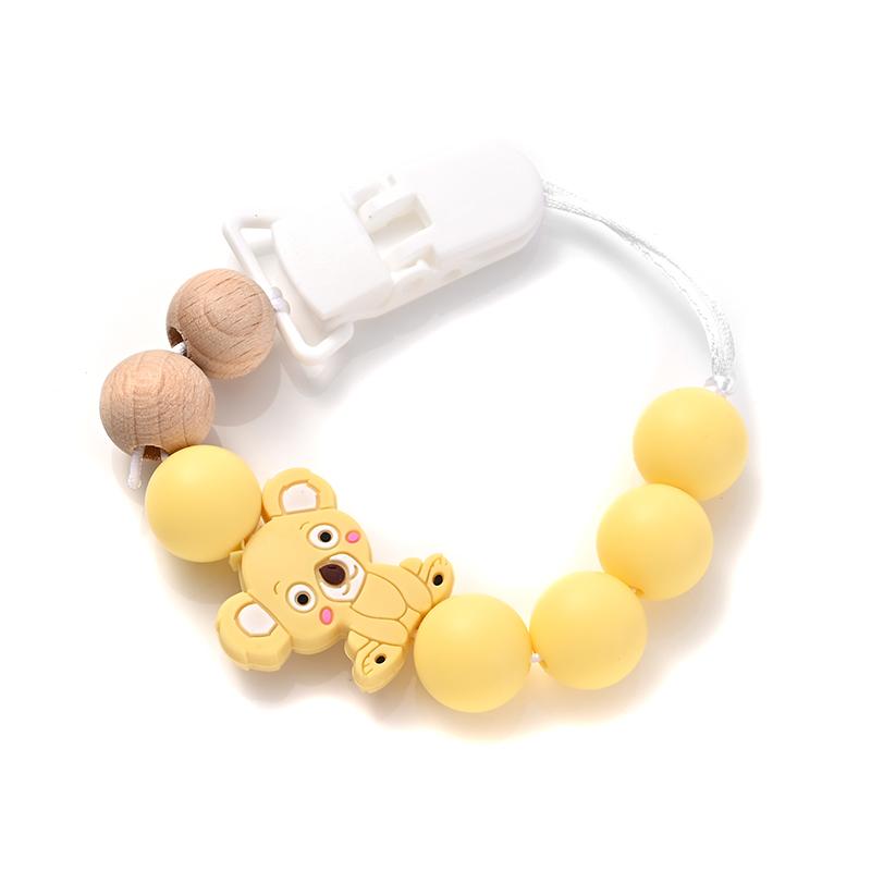 Anneau de dentition en bois pour bébé Chaîne de sucette Jouets à mordiller d'allaitement Cadeau Clips de sucette pour bébé Support Chaîne de dentition Animal Cartoon en Silicone
