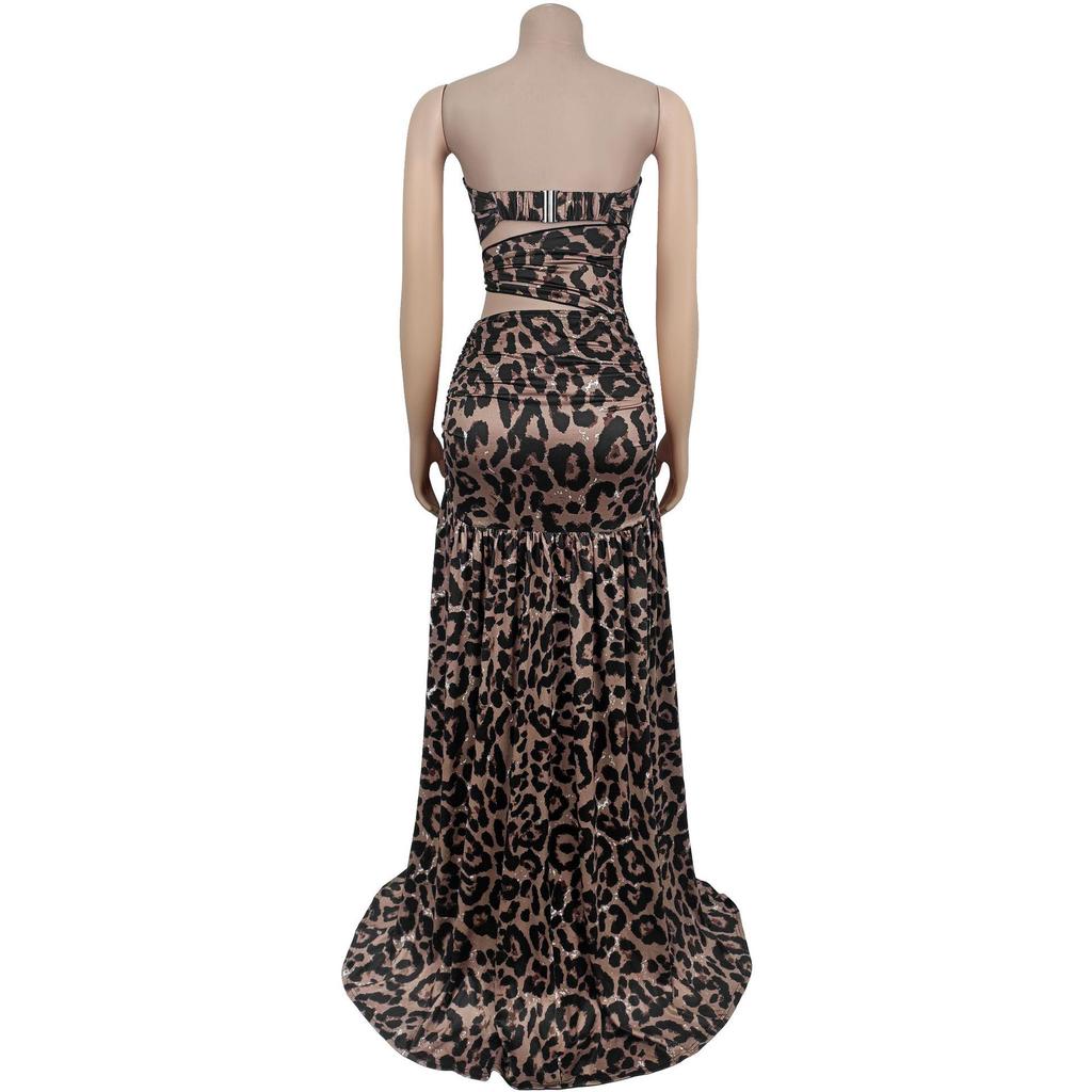 C7501 Leopard Print Off-Shoulder Backless Dress - Women's Sexy European & American Fashion