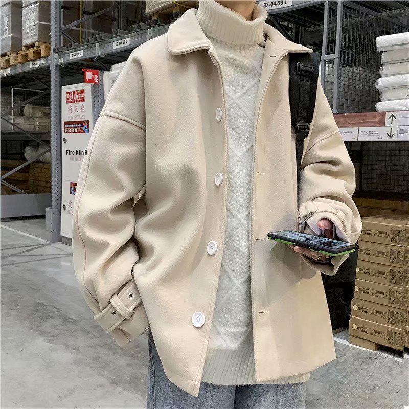 Men's Korean Style Woolen Coat - Single-breasted, Solid Color, Winter Casual Jacket for Couples